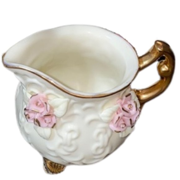 Vintage Porcelain Pink Roses Creamer 3" w/ 10K Gold Trim